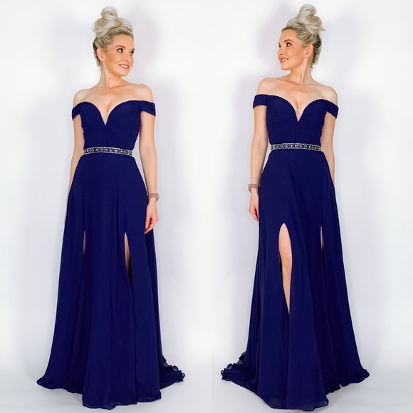 Blue Off Shoulder Prom Dress - Picture 3 of 8